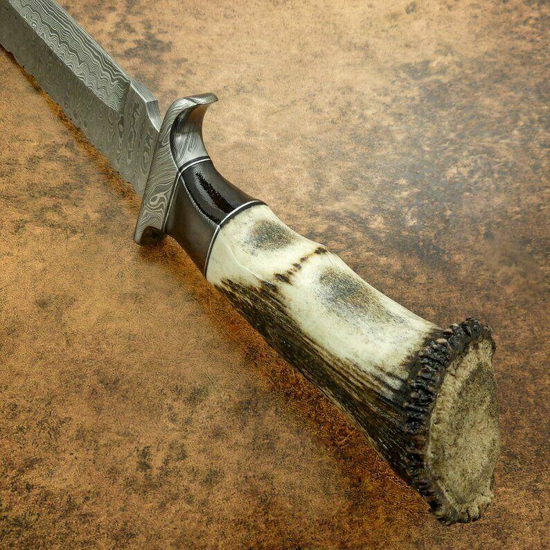 Custom Damascus Bowie Hunting Knife | Stag Crown Antler Handle, 12" Blade