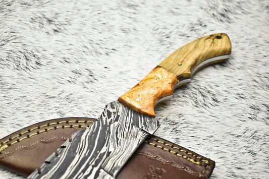 10" Handmade Damascus Steel Tracker Knife | Full Tang Hardwood Handle with Leather Sheath