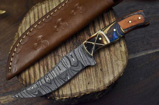 8" Twist Damascus Skinner Knife Mixed Handle Handmade Everyday Carry Blade