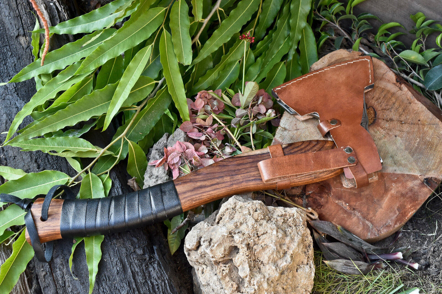 Handmade High Carbon Steel Viking Hatchet Axe | Etched Blade with Leather Wrap