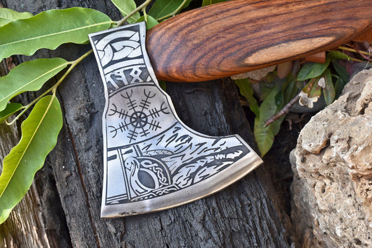 Handmade High Carbon Steel Viking Hatchet Axe | Etched Blade with Leather Wrap