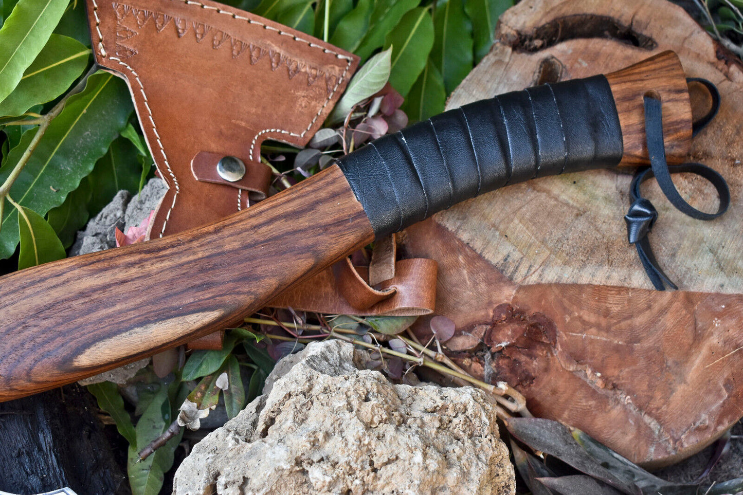 Handmade High Carbon Steel Viking Hatchet Axe | Etched Blade with Leather Wrap