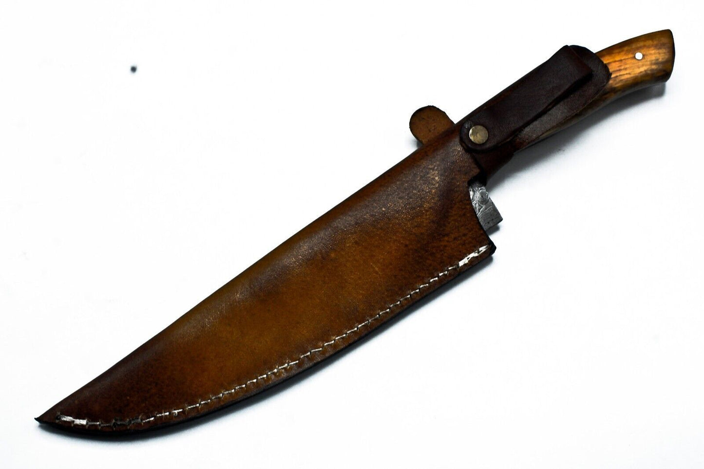 Hand Forged Damascus Steel Chef Knife – 13" Full Tang with Hard Wood Handle & Leather Sheath