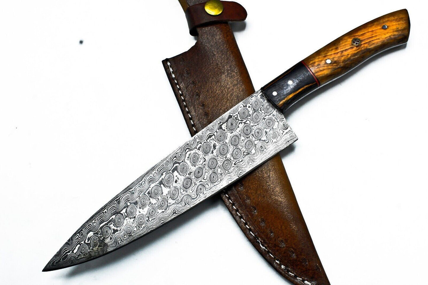 Hand Forged Damascus Steel Chef Knife – 13" Full Tang with Hard Wood Handle & Leather Sheath