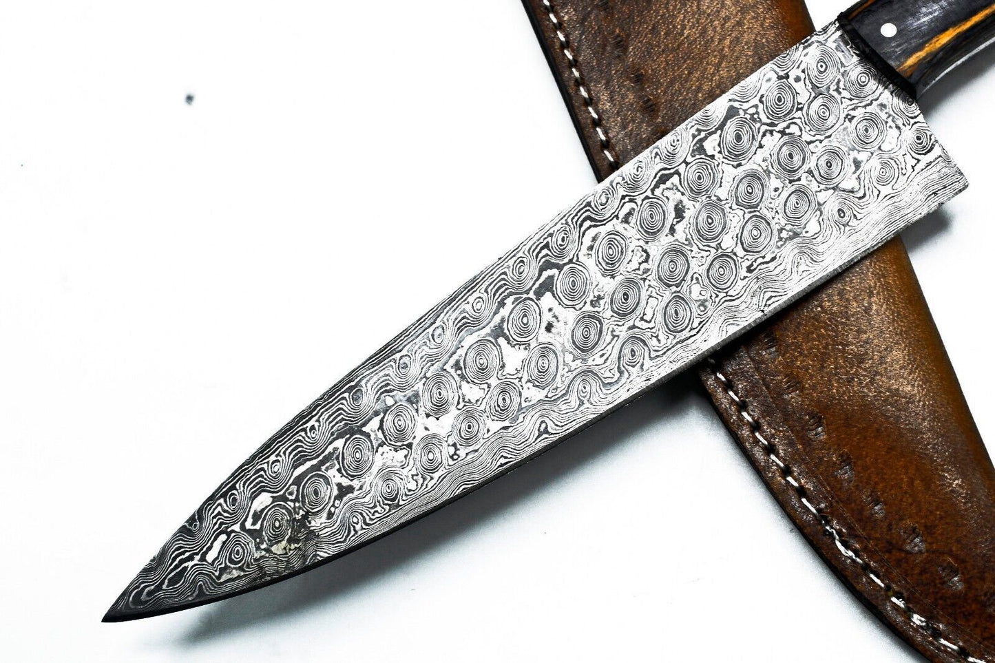 Hand Forged Damascus Steel Chef Knife – 13" Full Tang with Hard Wood Handle & Leather Sheath
