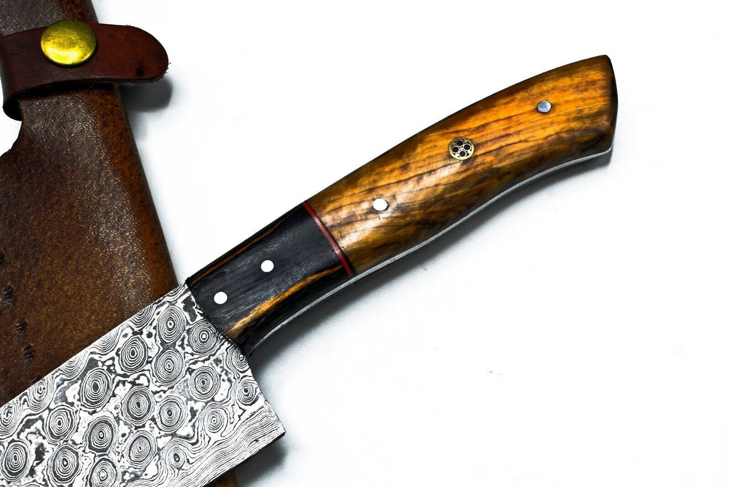 Hand Forged Damascus Steel Chef Knife – 13" Full Tang with Hard Wood Handle & Leather Sheath