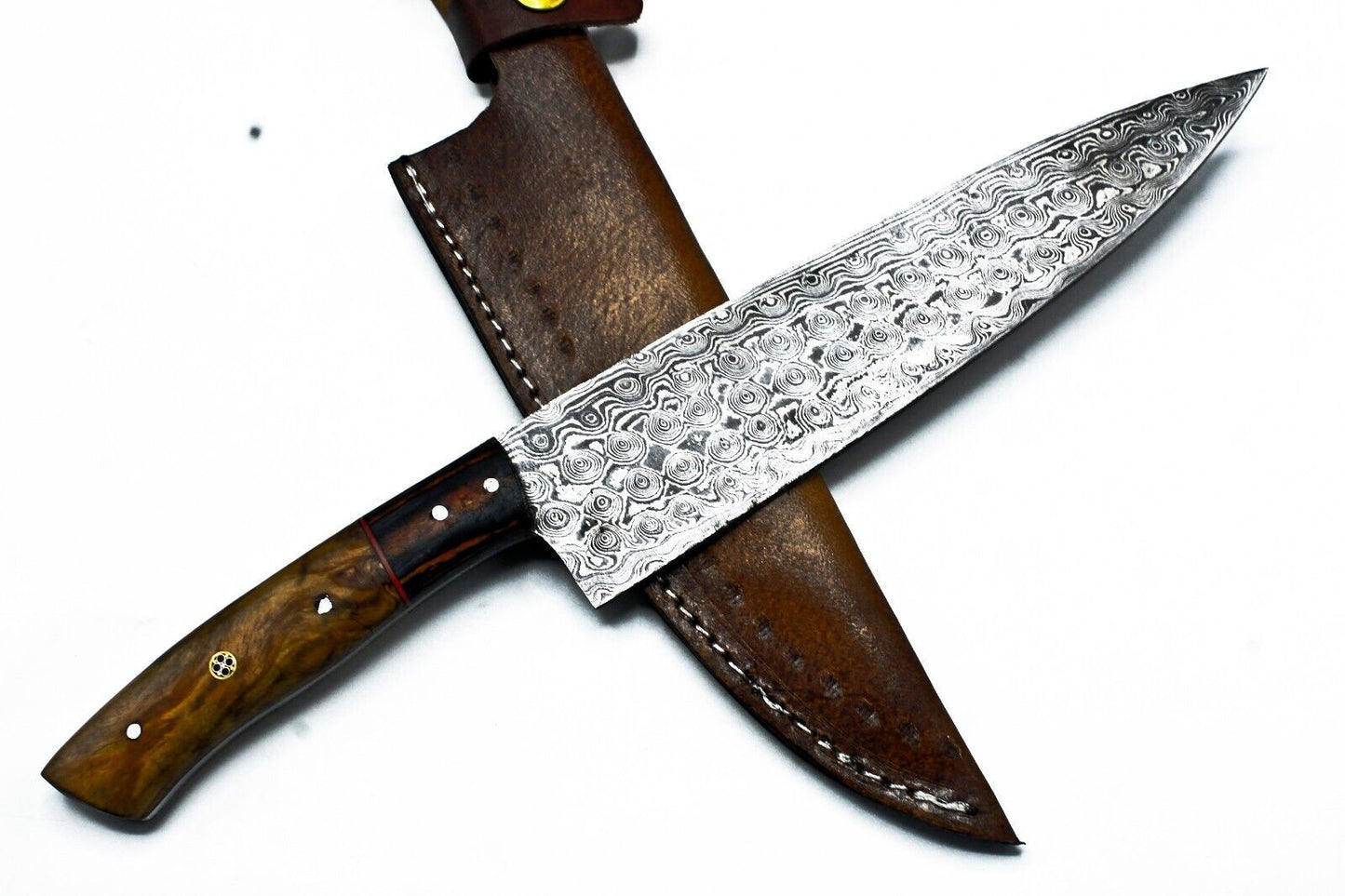 Hand Forged Damascus Steel Chef Knife – 13" Full Tang with Hard Wood Handle & Leather Sheath