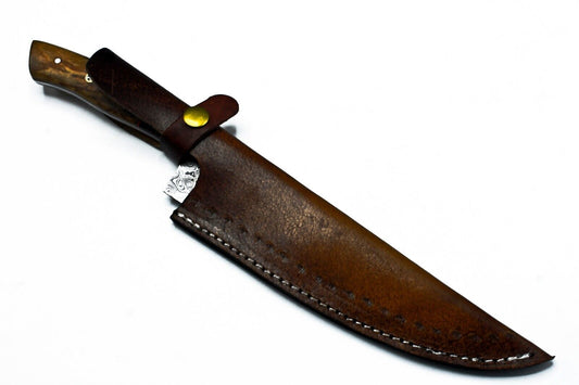 Hand Forged Damascus Steel Chef Knife – 13" Full Tang with Hard Wood Handle & Leather Sheath
