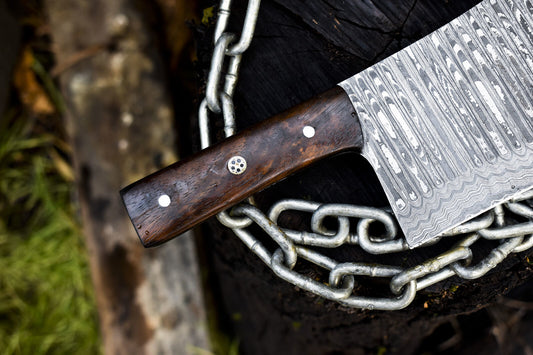 Custom Clever Chopper Chef Knife – Ladder Damascus Steel with Walnut Wood Handle