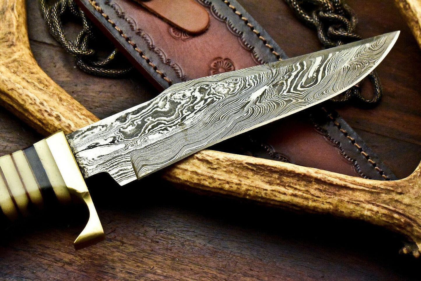 Custom Damascus Steel Bowie – 13" Handmade Hunting Knife with Walnut Wood Handle & Leather Sheath