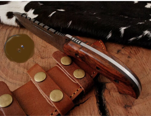 Damascus Steel 10" Hunting Survival Camping Outdoor Knife with Wood Handle & Sheath