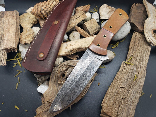 Damascus Bowie Knife – Micarta Handle, 10" Hand-Forged Blade with Leather Sheath