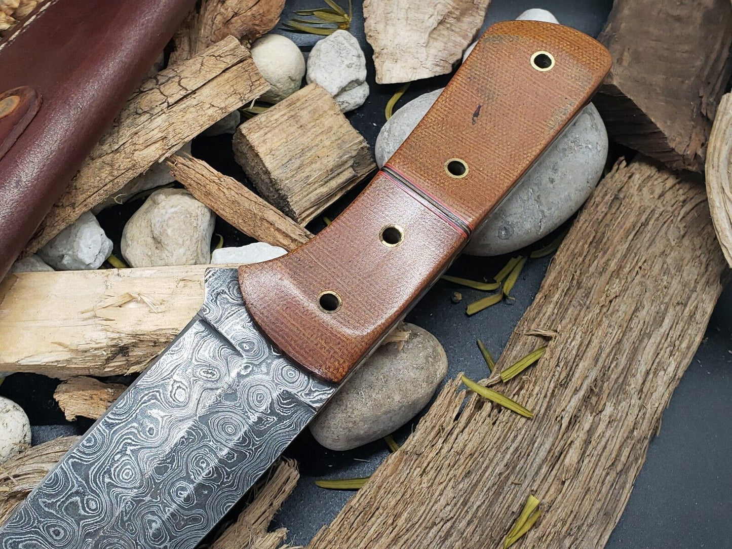 Damascus Bowie Knife – Micarta Handle, 10" Hand-Forged Blade with Leather Sheath