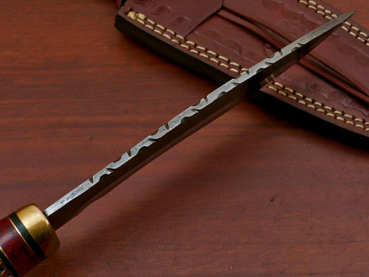 Handmade Damascus Bowie Knife – Stained Engraved Bone & Pakka Wood (12")