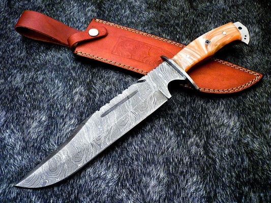 15 Inch Damascus Steel Bowie Knife with Resin Handle and Leather Sheath