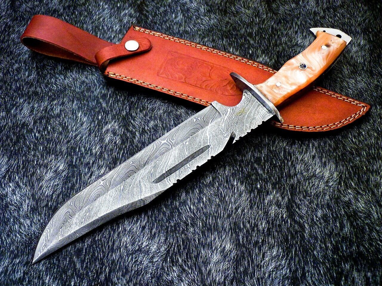 15 Inch Damascus Steel Bowie Knife with Resin Handle and Leather Sheath