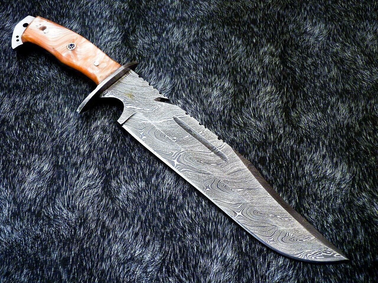 15 Inch Damascus Steel Bowie Knife with Resin Handle and Leather Sheath