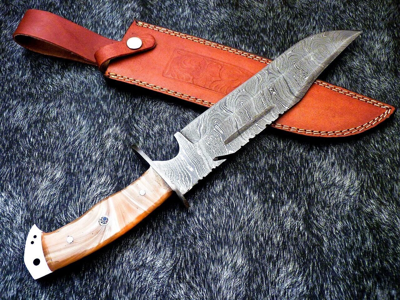 15 Inch Damascus Steel Bowie Knife with Resin Handle and Leather Sheath