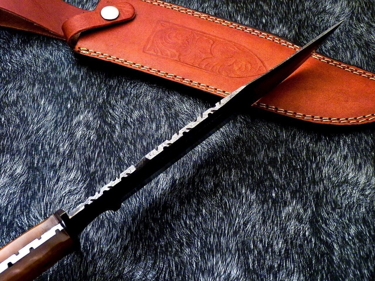 15 Inch Damascus Steel Bowie Knife with Resin Handle and Leather Sheath