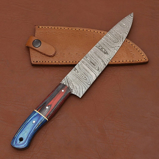 Custom Handmade Damascus Steel Chef Kitchen Knife with Wood Handle & Leather Sheath