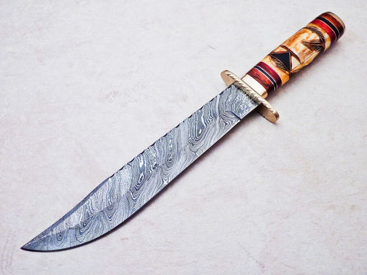 Heritage Forge Damascus Hunting Knife Engraved Camel Bone Hardwood Handle with Brass Bolster