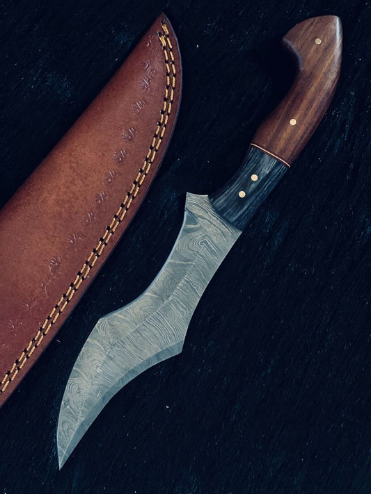 Heritage Forge 10.5 Inch Fire Damascus Steel Hunting Knife with Camel Bone and Wood Handle