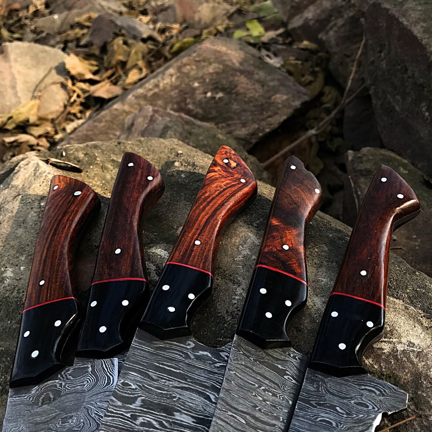 5pcs Custom Handmade Chef Knife Set – Damascus Forged Steel Kitchen Knives with Premium Handles