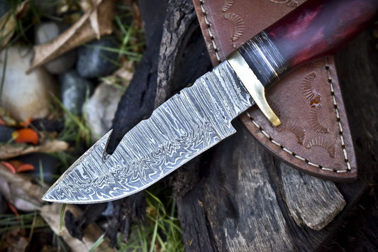 Twist Damascus Skinner Knife with Gut Hook and Corain Handle – Custom Handmade Hunting Blade