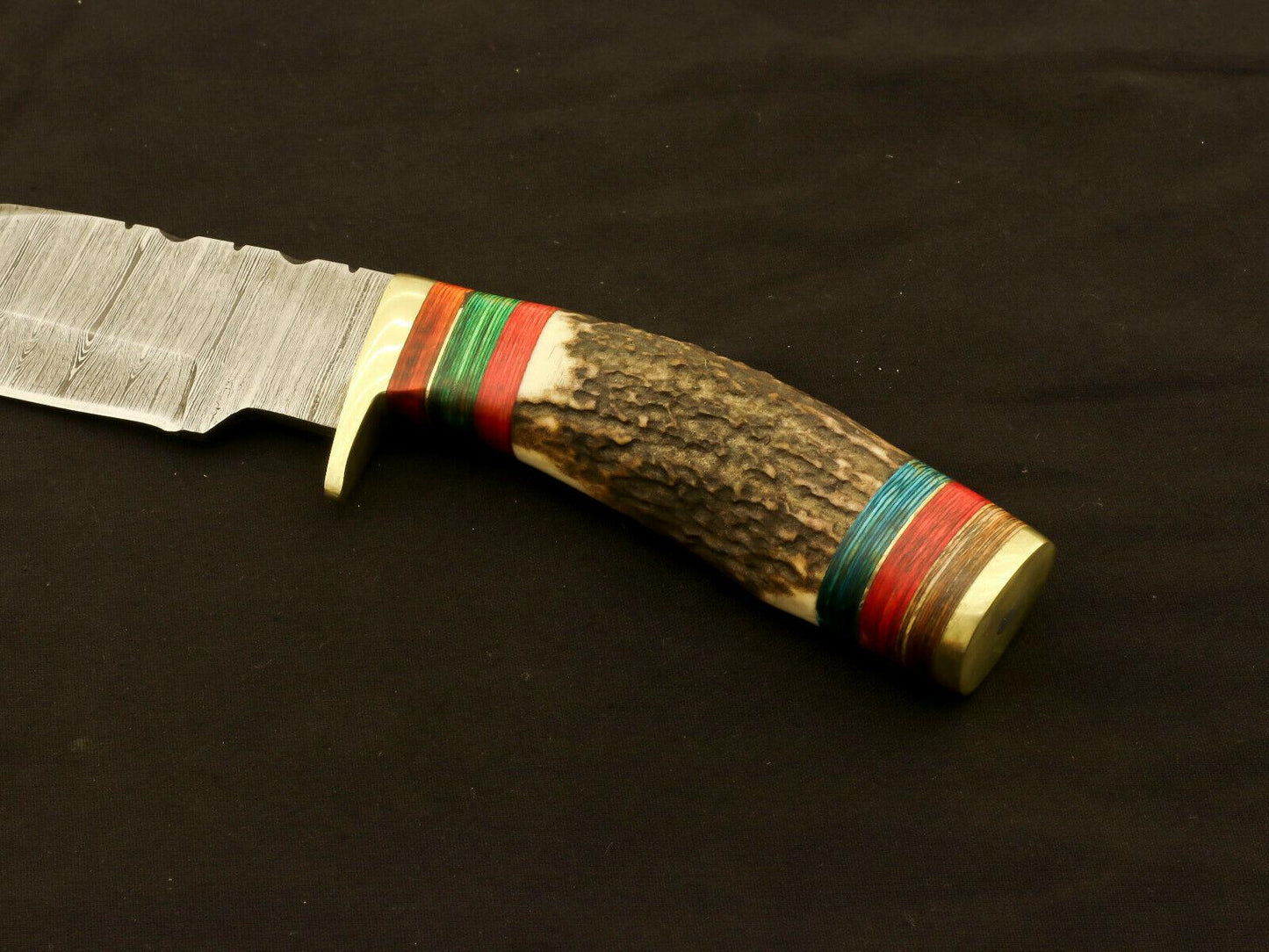 9.25" Damascus Bowie Knife with Stag & Pakka Wood Handle – Full Tang Blade