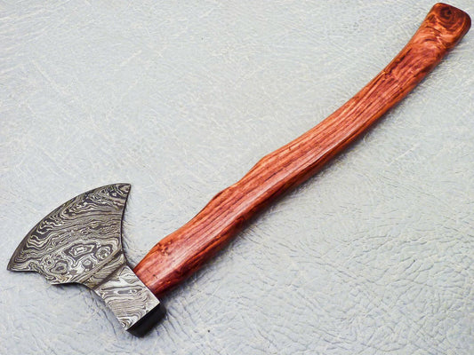 Handmade 18 Inch Damascus Steel Axe with Natural Wood Handle and Leather Sheath