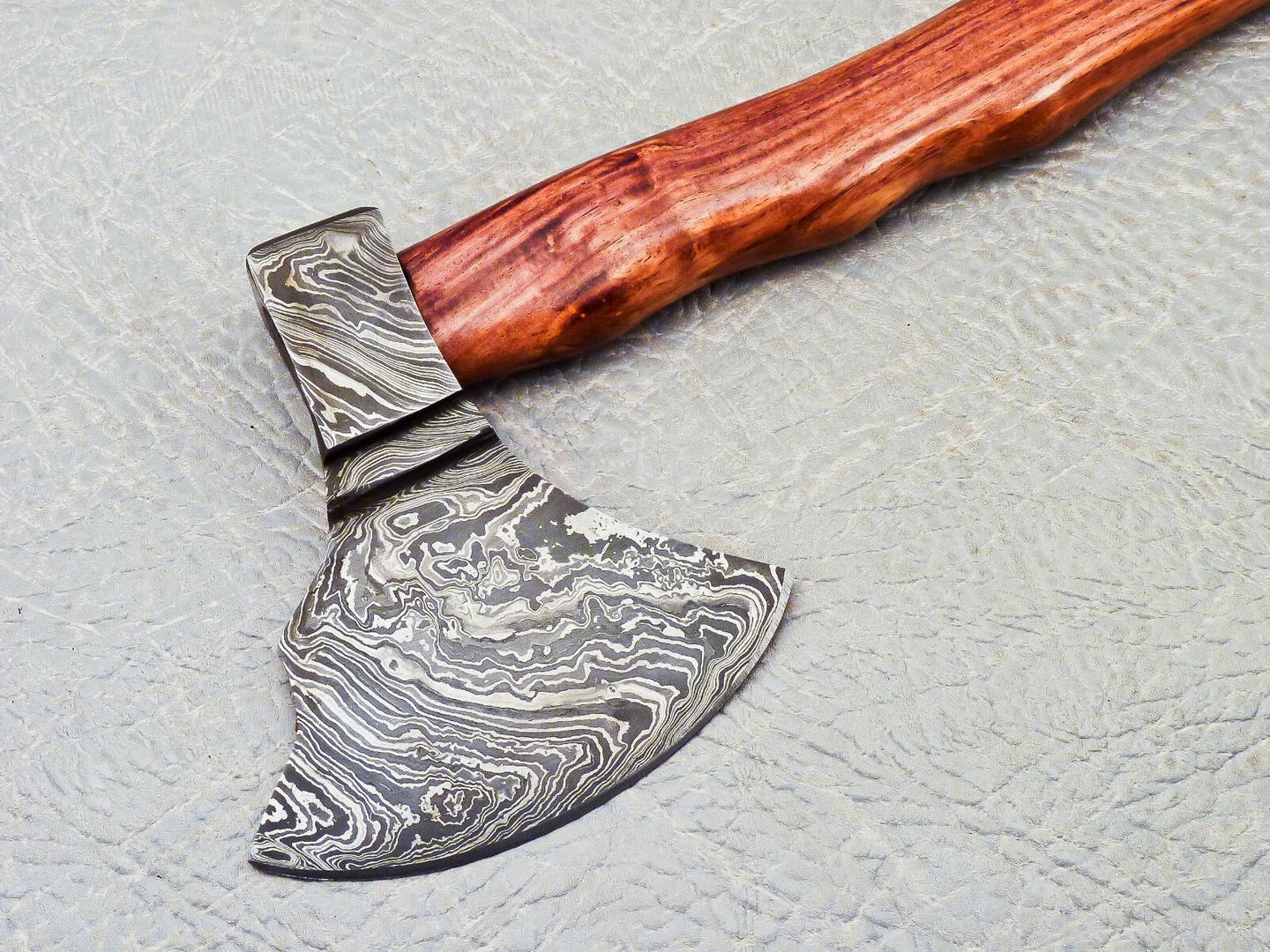 Handmade 18 Inch Damascus Steel Axe with Natural Wood Handle and Leather Sheath