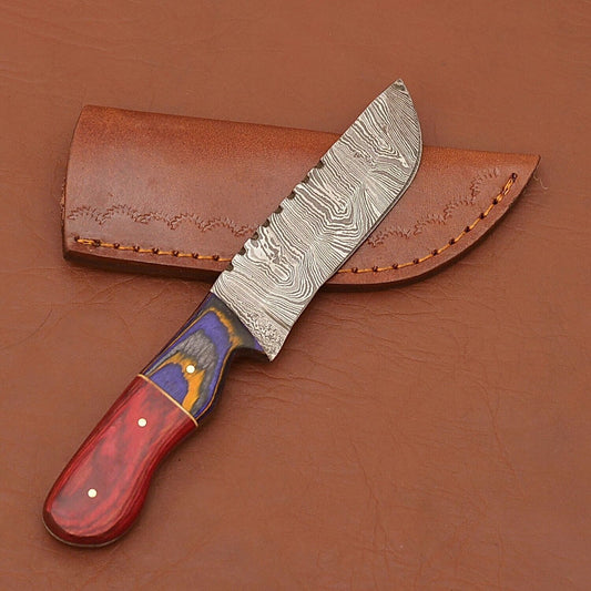 Damascus Camping Skinner Knife Wood Handle with Leather Sheath for Hunting