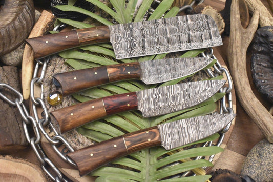 Custom Forged Chef Knife Set – Twist Damascus Steel with Walnut Wood Handles (Lot of 4 Camping Knives)