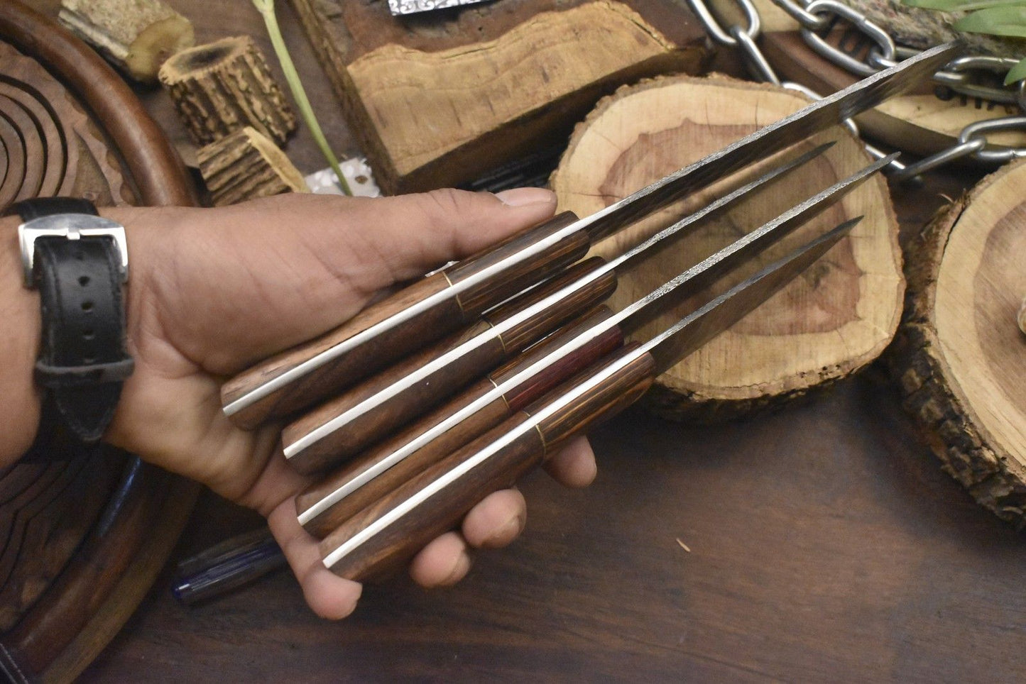 Custom Forged Chef Knife Set – Twist Damascus Steel with Walnut Wood Handles (Lot of 4 Camping Knives)