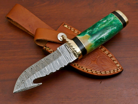 8" Handmade Damascus Gut Hook Hunting Knife | Stained Camel Bone & Pakka Wood Handle