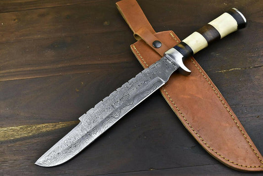 15.6" Handmade Damascus Steel Bowie Knife – Camel Bone Handle