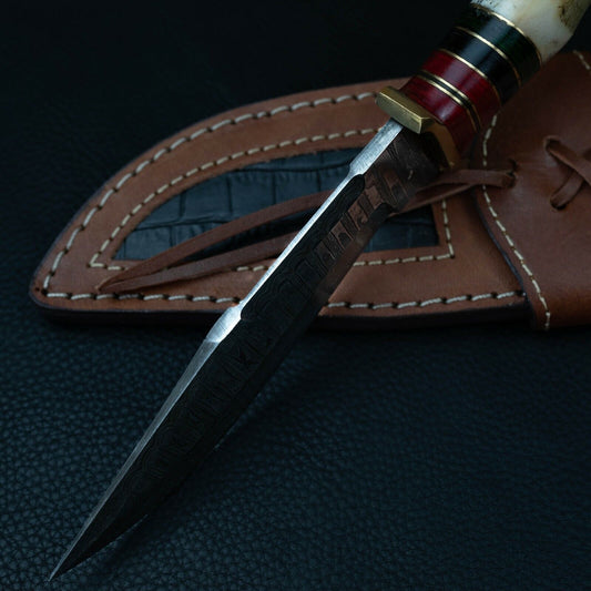 Heritage Forge 10" Damascus Hunting Knife with Stag Horn Handle and Leather Sheath