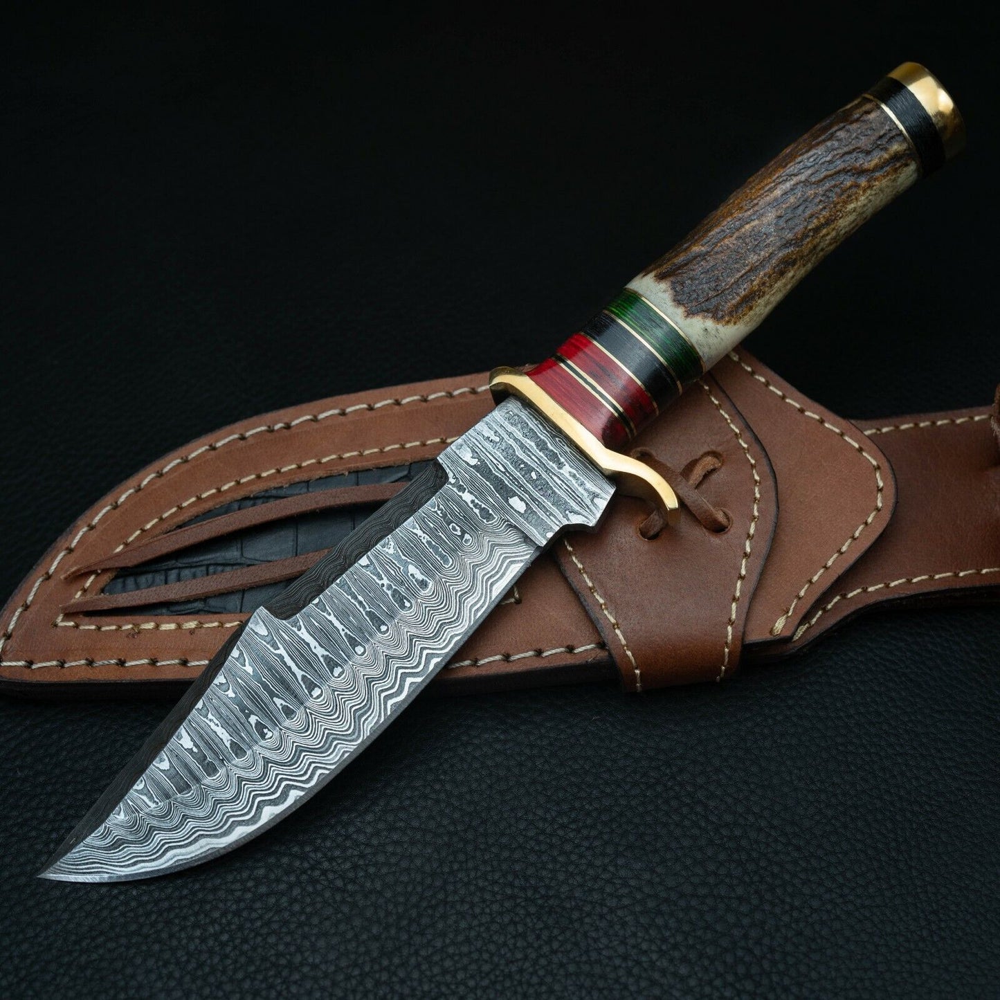 Heritage Forge 10" Damascus Hunting Knife with Stag Horn Handle and Leather Sheath