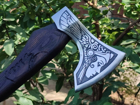 Handmade Carbon Steel Viking Throwing Axe with Ashwood Carved Handle and Leather Sheath
