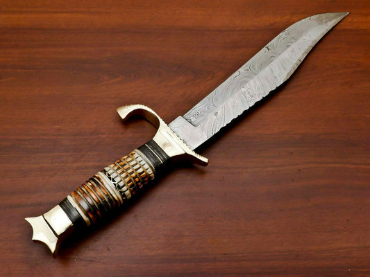 Handmade Damascus Steel Bowie Knife | 17" Stained Camel Bone Hunting Blade