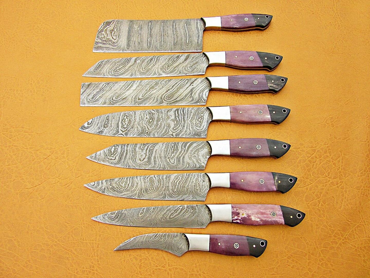Custom Handmade Damascus Steel Chef Knife Set – Purple Bone & Buffalo Horn Handle