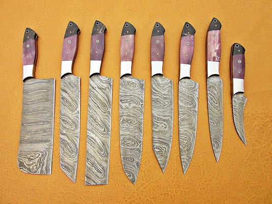 Custom Handmade Damascus Steel Chef Knife Set – Purple Bone & Buffalo Horn Handle
