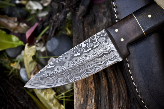 8.0" Rain Drop Damascus Skinner Knife Bone and Wood Handle Survival Blade