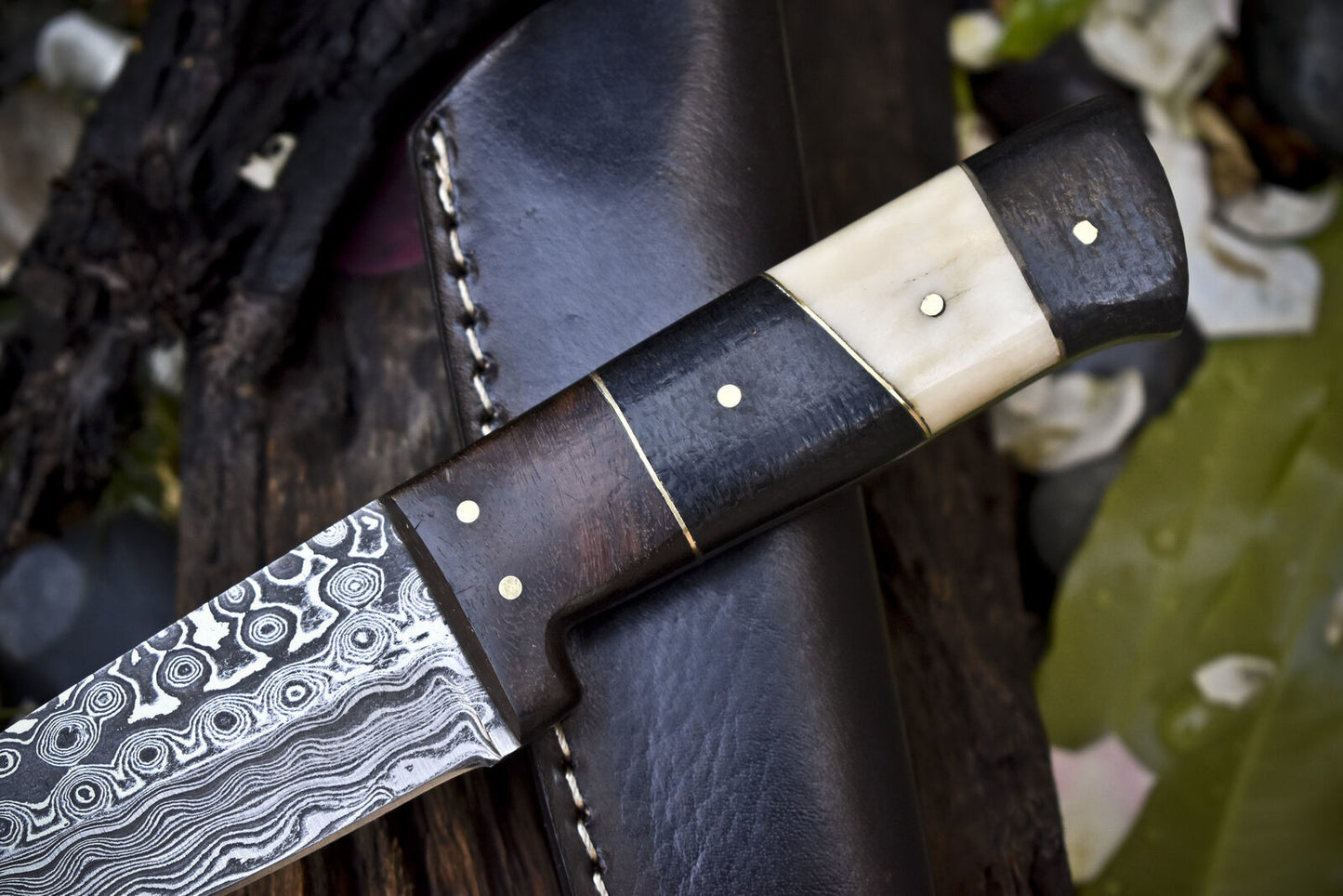 8.0" Rain Drop Damascus Skinner Knife Bone and Wood Handle Survival Blade