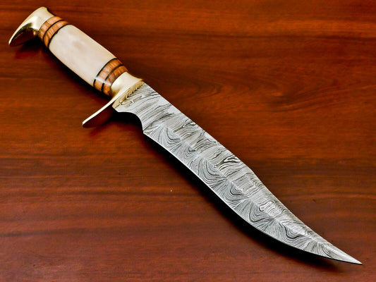 Hand Forged Damascus Steel Bowie Knife | Camel Bone & Wood Handle
