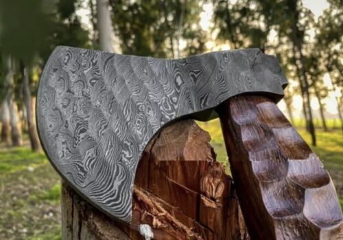 Hand Forged Damascus Steel Viking Axe | Bearded Damascus Axe with Natural Wood Shaft & Leather Sheath