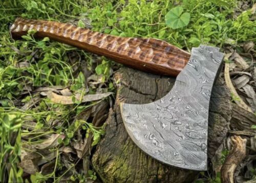 Hand Forged Damascus Steel Viking Axe | Bearded Damascus Axe with Natural Wood Shaft & Leather Sheath