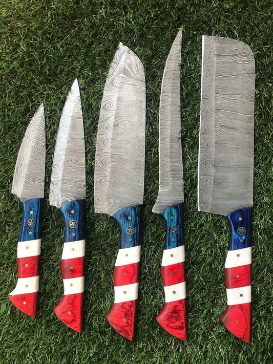 Custom Handmade Twist Damascus Steel Chef Knife Set | Paka Wood Handle