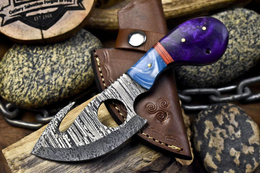 Twist Damascus Skinner Knife with Gut Hook and Corian Handle – Custom Handmade Hunter with Leather Sheath