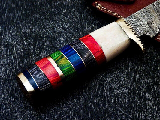 9" Custom Handmade Damascus Bowie Knife – Camel Bone & Hardwood Handle